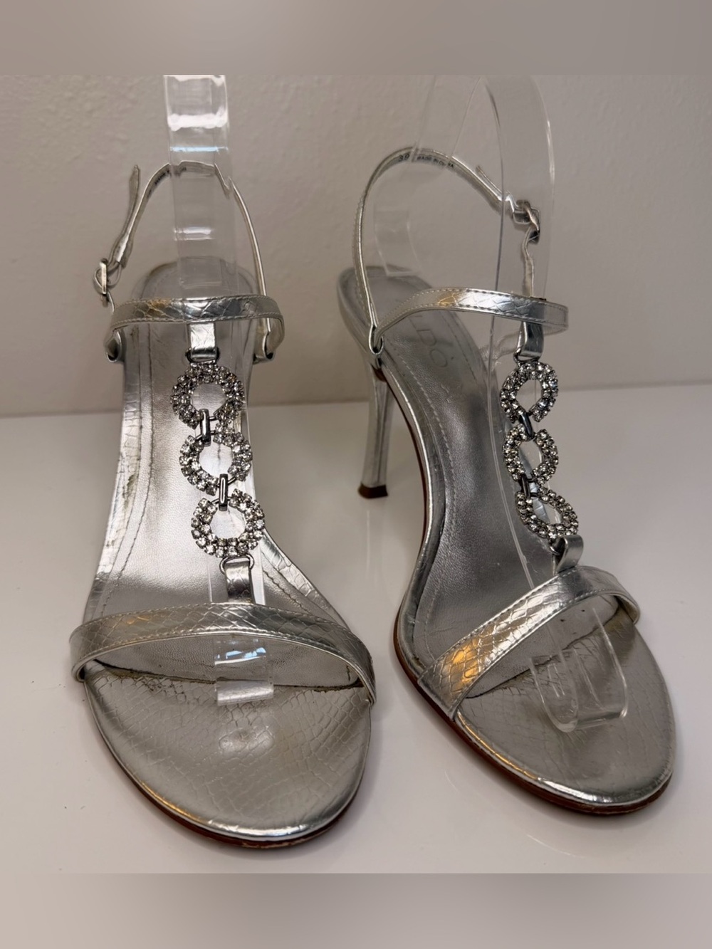 Aldo Silver Rhinestone T-Strap Stiletto Sandals